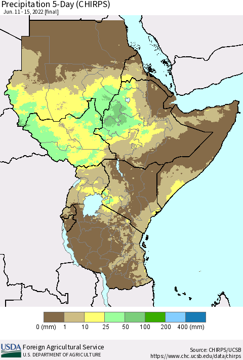 Eastern Africa Precipitation 5-Day (CHIRPS) Thematic Map For 6/11/2022 - 6/15/2022