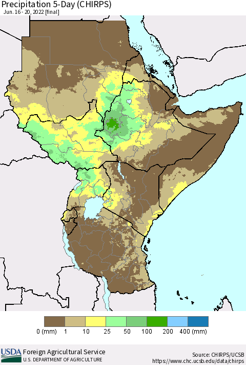 Eastern Africa Precipitation 5-Day (CHIRPS) Thematic Map For 6/16/2022 - 6/20/2022