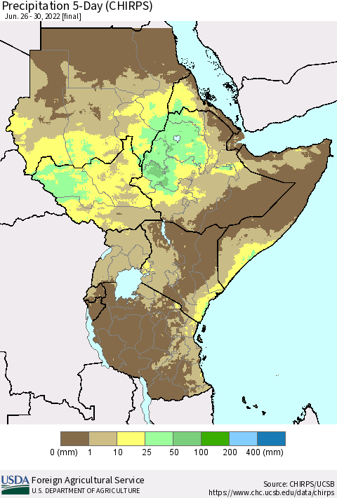 Eastern Africa Precipitation 5-Day (CHIRPS) Thematic Map For 6/26/2022 - 6/30/2022