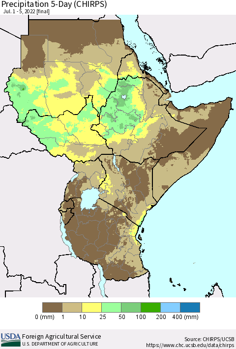 Eastern Africa Precipitation 5-Day (CHIRPS) Thematic Map For 7/1/2022 - 7/5/2022