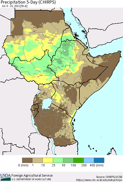 Eastern Africa Precipitation 5-Day (CHIRPS) Thematic Map For 7/6/2022 - 7/10/2022