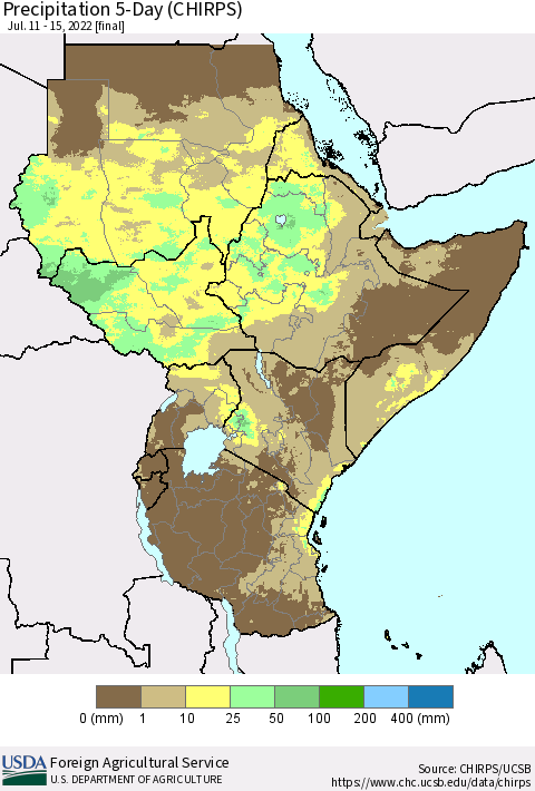 Eastern Africa Precipitation 5-Day (CHIRPS) Thematic Map For 7/11/2022 - 7/15/2022