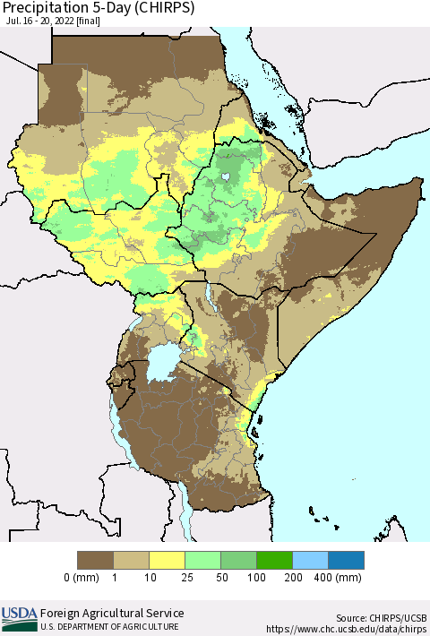 Eastern Africa Precipitation 5-Day (CHIRPS) Thematic Map For 7/16/2022 - 7/20/2022