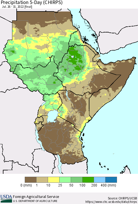 Eastern Africa Precipitation 5-Day (CHIRPS) Thematic Map For 7/26/2022 - 7/31/2022