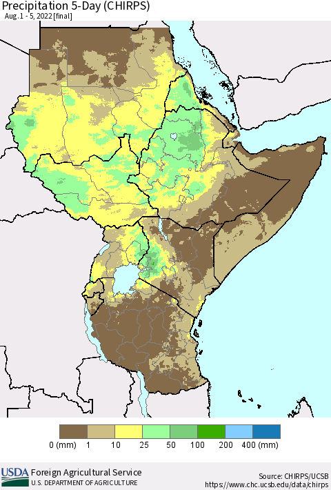 Eastern Africa Precipitation 5-Day (CHIRPS) Thematic Map For 8/1/2022 - 8/5/2022