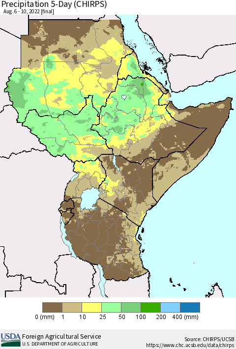 Eastern Africa Precipitation 5-Day (CHIRPS) Thematic Map For 8/6/2022 - 8/10/2022
