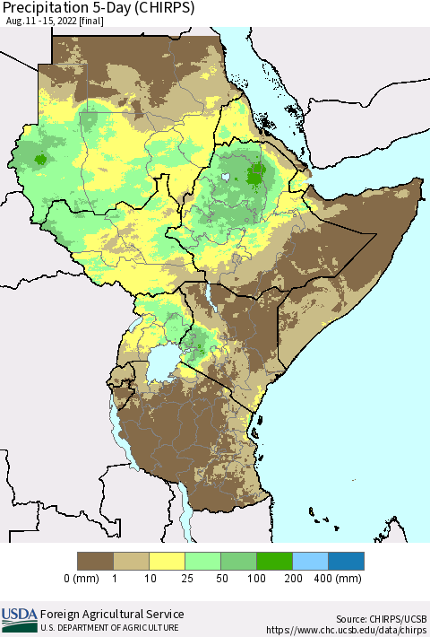 Eastern Africa Precipitation 5-Day (CHIRPS) Thematic Map For 8/11/2022 - 8/15/2022
