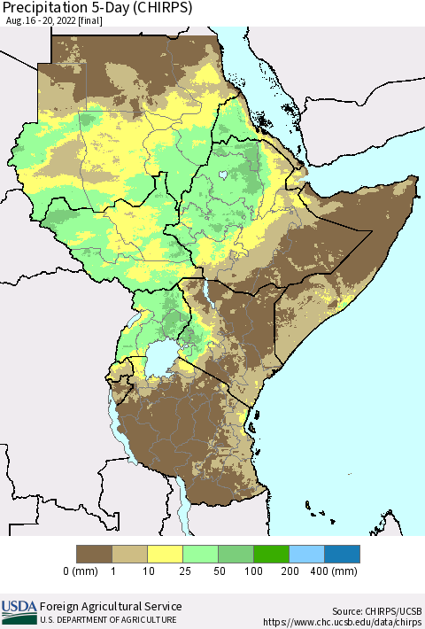 Eastern Africa Precipitation 5-Day (CHIRPS) Thematic Map For 8/16/2022 - 8/20/2022