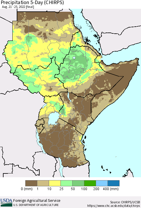 Eastern Africa Precipitation 5-Day (CHIRPS) Thematic Map For 8/21/2022 - 8/25/2022