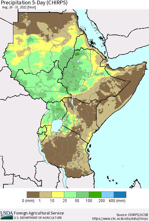 Eastern Africa Precipitation 5-Day (CHIRPS) Thematic Map For 8/26/2022 - 8/31/2022