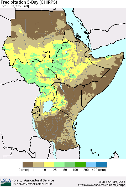 Eastern Africa Precipitation 5-Day (CHIRPS) Thematic Map For 9/6/2022 - 9/10/2022
