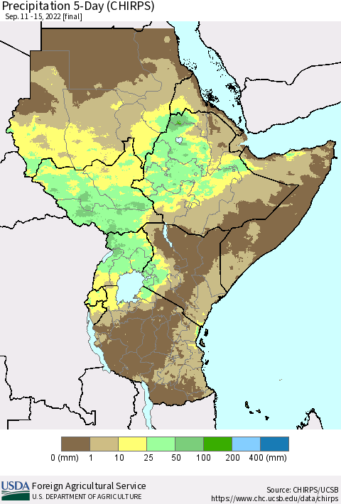 Eastern Africa Precipitation 5-Day (CHIRPS) Thematic Map For 9/11/2022 - 9/15/2022