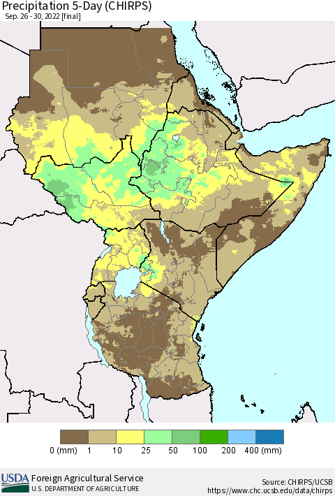 Eastern Africa Precipitation 5-Day (CHIRPS) Thematic Map For 9/26/2022 - 9/30/2022
