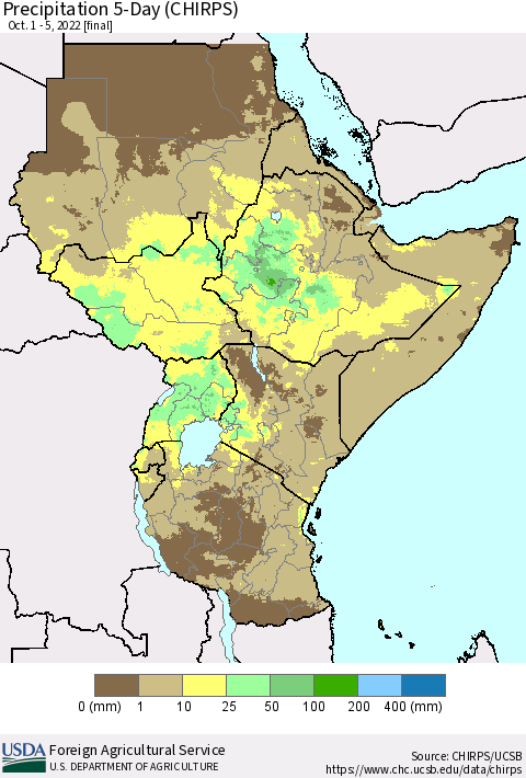 Eastern Africa Precipitation 5-Day (CHIRPS) Thematic Map For 10/1/2022 - 10/5/2022
