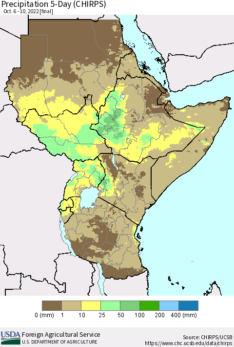 Eastern Africa Precipitation 5-Day (CHIRPS) Thematic Map For 10/6/2022 - 10/10/2022