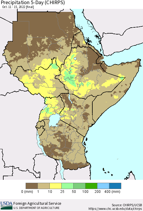 Eastern Africa Precipitation 5-Day (CHIRPS) Thematic Map For 10/11/2022 - 10/15/2022