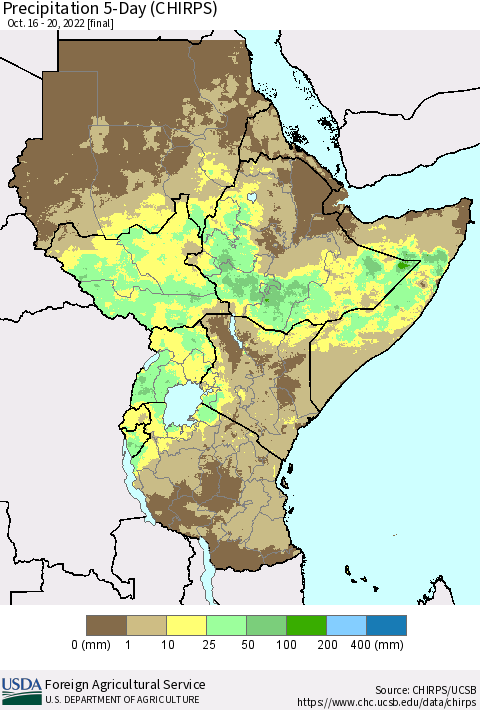 Eastern Africa Precipitation 5-Day (CHIRPS) Thematic Map For 10/16/2022 - 10/20/2022