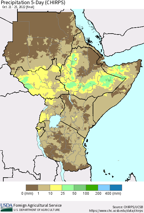Eastern Africa Precipitation 5-Day (CHIRPS) Thematic Map For 10/21/2022 - 10/25/2022
