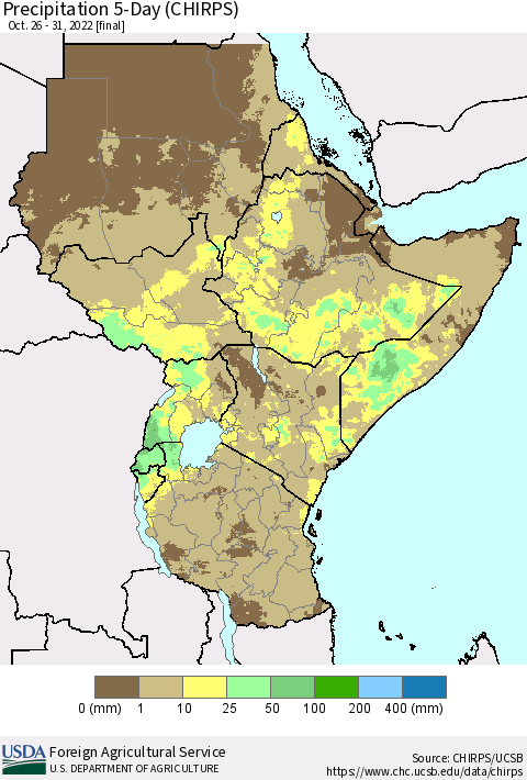 Eastern Africa Precipitation 5-Day (CHIRPS) Thematic Map For 10/26/2022 - 10/31/2022