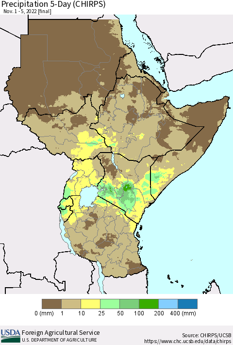 Eastern Africa Precipitation 5-Day (CHIRPS) Thematic Map For 11/1/2022 - 11/5/2022