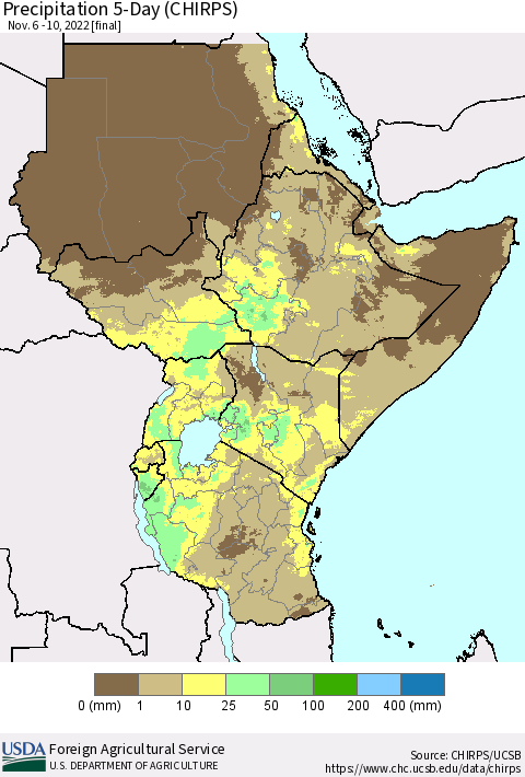 Eastern Africa Precipitation 5-Day (CHIRPS) Thematic Map For 11/6/2022 - 11/10/2022