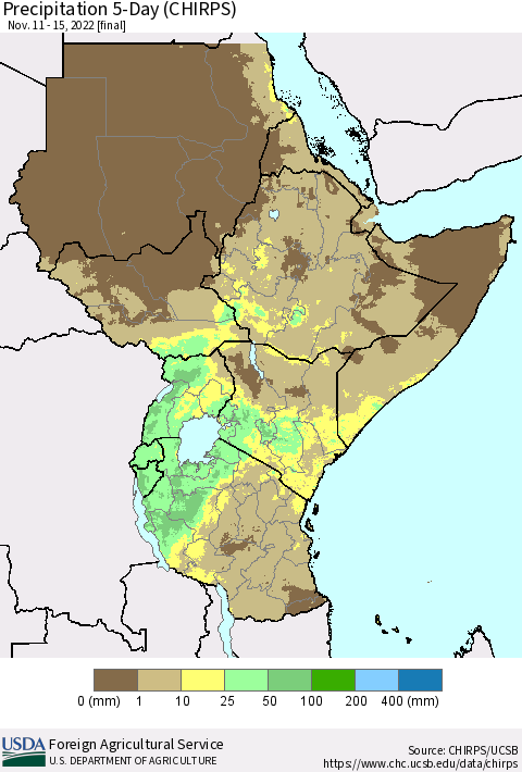 Eastern Africa Precipitation 5-Day (CHIRPS) Thematic Map For 11/11/2022 - 11/15/2022