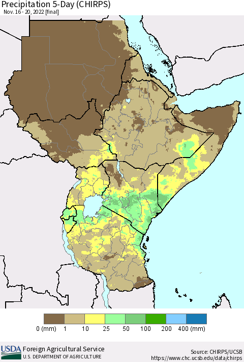 Eastern Africa Precipitation 5-Day (CHIRPS) Thematic Map For 11/16/2022 - 11/20/2022