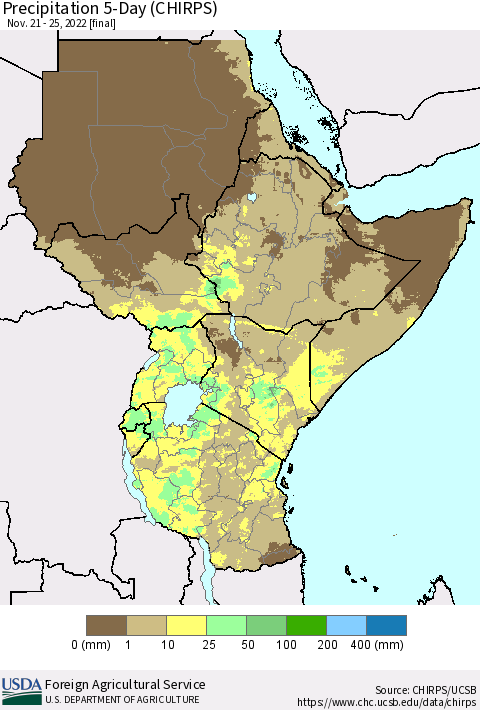 Eastern Africa Precipitation 5-Day (CHIRPS) Thematic Map For 11/21/2022 - 11/25/2022