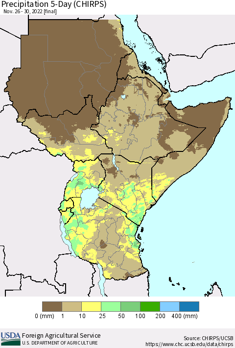 Eastern Africa Precipitation 5-Day (CHIRPS) Thematic Map For 11/26/2022 - 11/30/2022