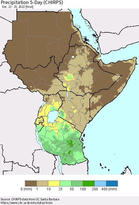 Eastern Africa Precipitation 5-Day (CHIRPS) Thematic Map For 12/21/2022 - 12/25/2022