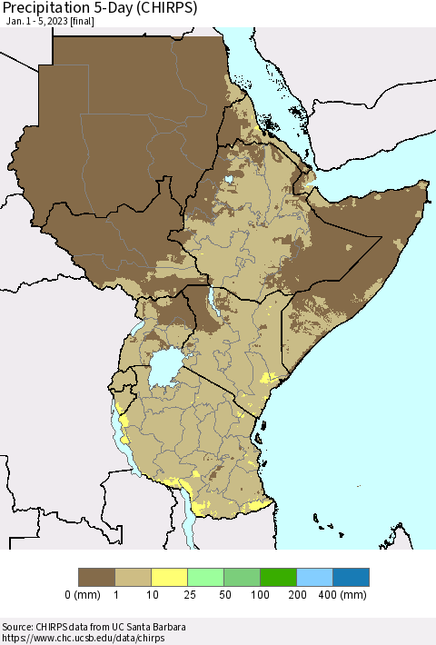 Eastern Africa Precipitation 5-Day (CHIRPS) Thematic Map For 1/1/2023 - 1/5/2023