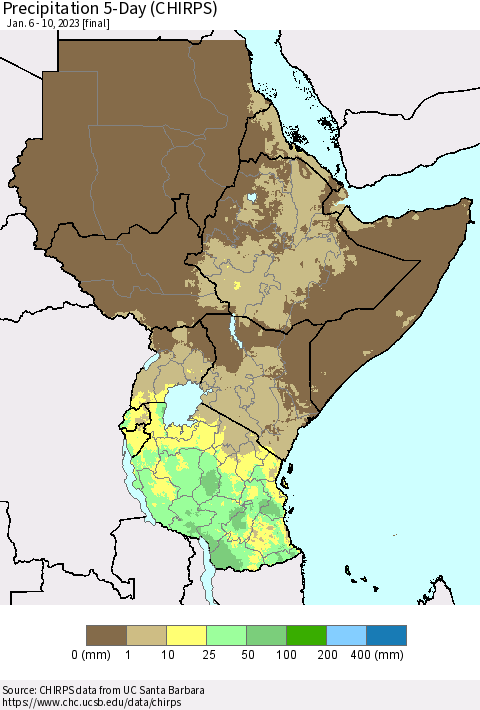 Eastern Africa Precipitation 5-Day (CHIRPS) Thematic Map For 1/6/2023 - 1/10/2023