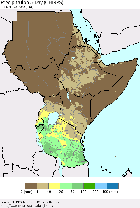 Eastern Africa Precipitation 5-Day (CHIRPS) Thematic Map For 1/21/2023 - 1/25/2023