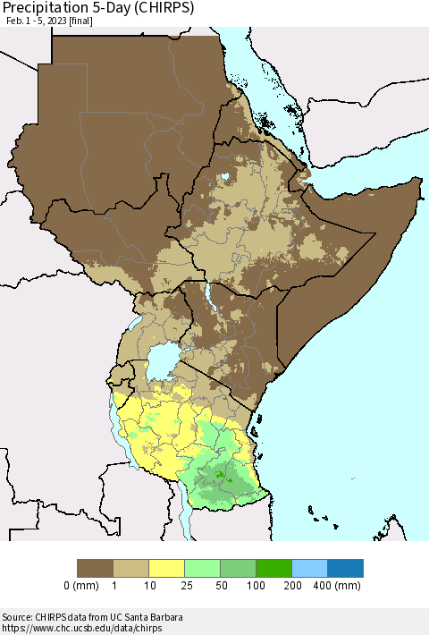 Eastern Africa Precipitation 5-Day (CHIRPS) Thematic Map For 2/1/2023 - 2/5/2023