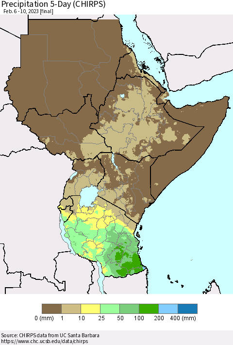 Eastern Africa Precipitation 5-Day (CHIRPS) Thematic Map For 2/6/2023 - 2/10/2023