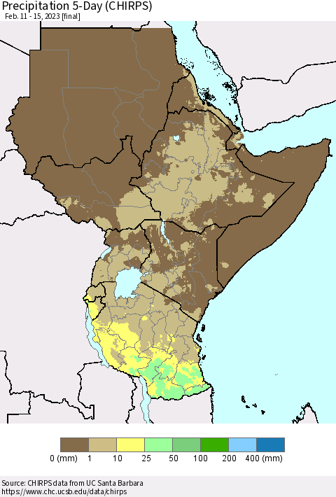 Eastern Africa Precipitation 5-Day (CHIRPS) Thematic Map For 2/11/2023 - 2/15/2023