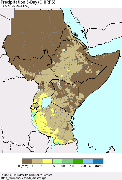 Eastern Africa Precipitation 5-Day (CHIRPS) Thematic Map For 2/21/2023 - 2/25/2023