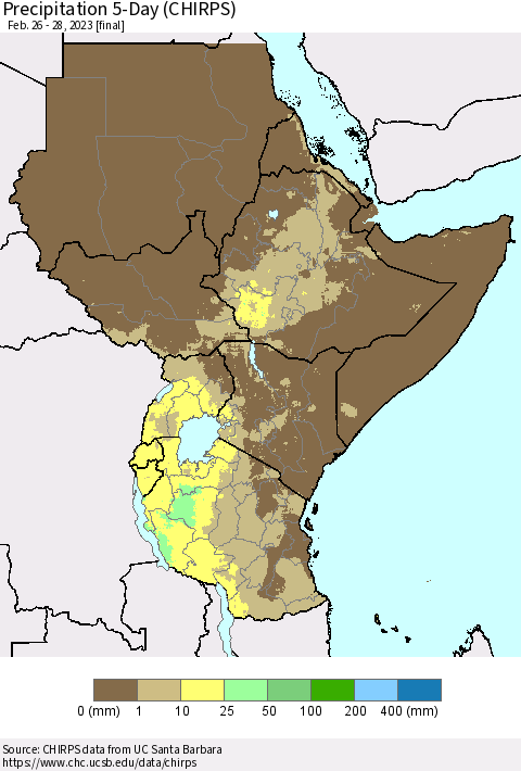 Eastern Africa Precipitation 5-Day (CHIRPS) Thematic Map For 2/26/2023 - 2/28/2023