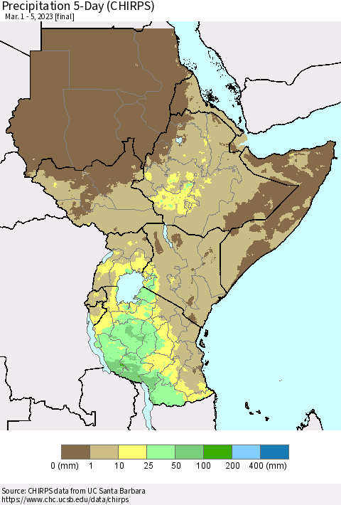 Eastern Africa Precipitation 5-Day (CHIRPS) Thematic Map For 3/1/2023 - 3/5/2023
