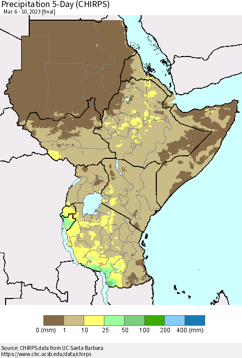 Eastern Africa Precipitation 5-Day (CHIRPS) Thematic Map For 3/6/2023 - 3/10/2023
