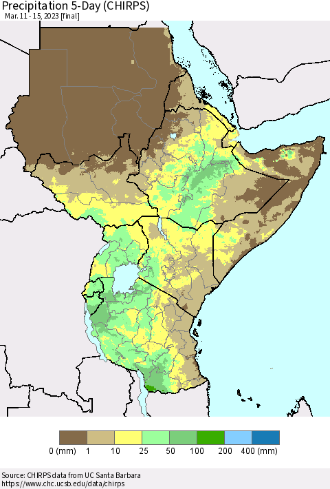Eastern Africa Precipitation 5-Day (CHIRPS) Thematic Map For 3/11/2023 - 3/15/2023