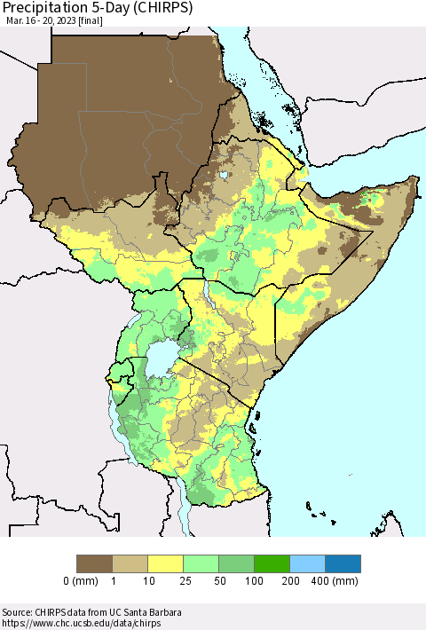 Eastern Africa Precipitation 5-Day (CHIRPS) Thematic Map For 3/16/2023 - 3/20/2023