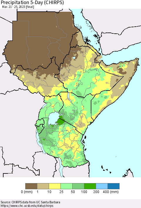 Eastern Africa Precipitation 5-Day (CHIRPS) Thematic Map For 3/21/2023 - 3/25/2023