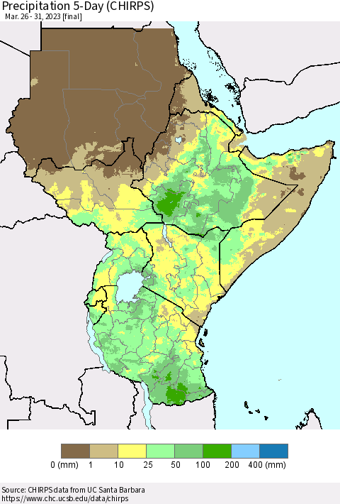 Eastern Africa Precipitation 5-Day (CHIRPS) Thematic Map For 3/26/2023 - 3/31/2023