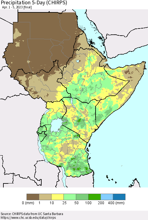 Eastern Africa Precipitation 5-Day (CHIRPS) Thematic Map For 4/1/2023 - 4/5/2023