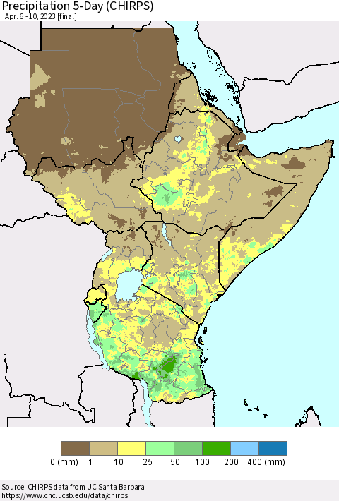 Eastern Africa Precipitation 5-Day (CHIRPS) Thematic Map For 4/6/2023 - 4/10/2023
