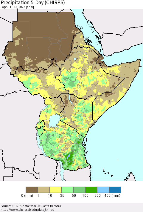 Eastern Africa Precipitation 5-Day (CHIRPS) Thematic Map For 4/11/2023 - 4/15/2023