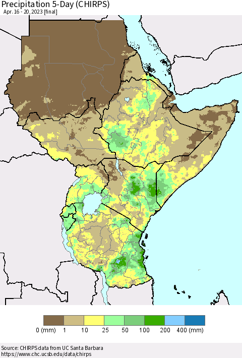 Eastern Africa Precipitation 5-Day (CHIRPS) Thematic Map For 4/16/2023 - 4/20/2023