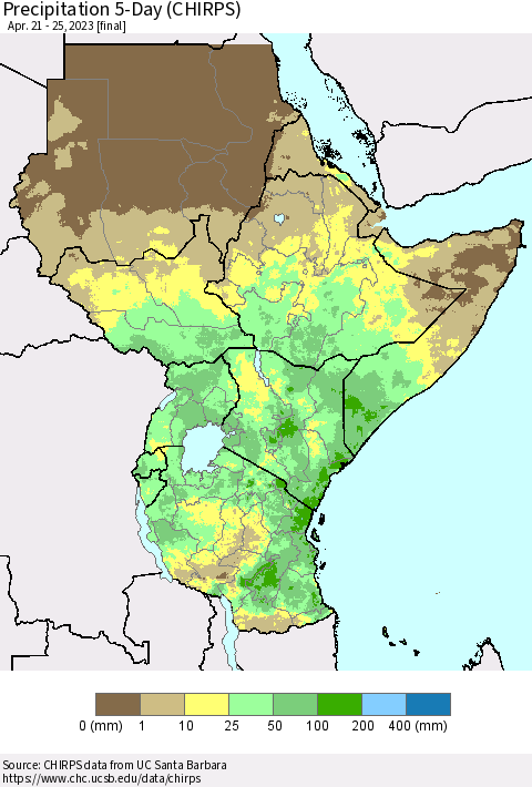 Eastern Africa Precipitation 5-Day (CHIRPS) Thematic Map For 4/21/2023 - 4/25/2023