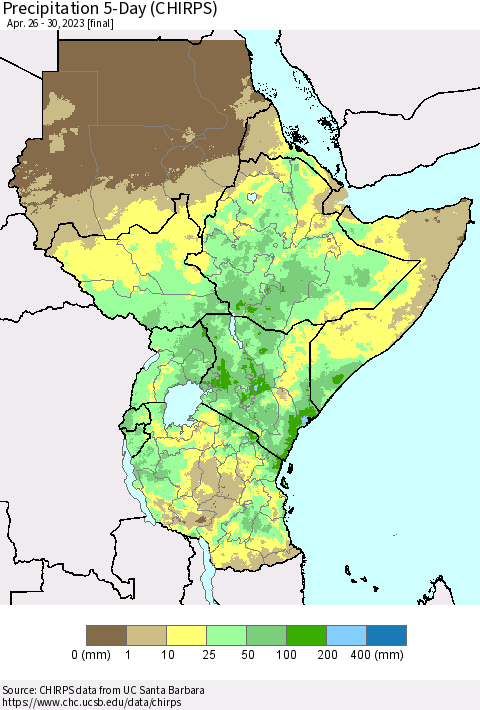 Eastern Africa Precipitation 5-Day (CHIRPS) Thematic Map For 4/26/2023 - 4/30/2023
